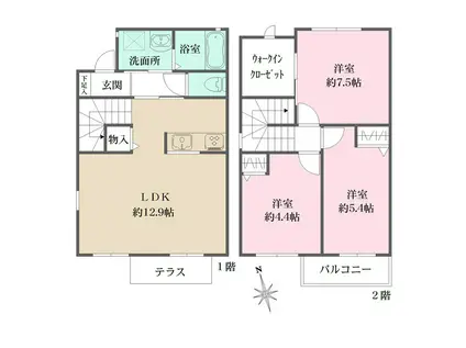 グリュッククレーB棟(2DK/1階)の間取り写真