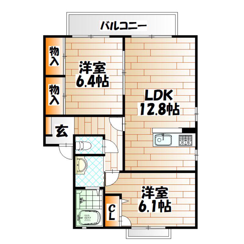ユニゾン上富野 B棟(2LDK/2階)の間取り写真