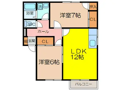 ソフィア・ヴィラージュ南佐賀 D棟(2LDK/2階)の間取り写真