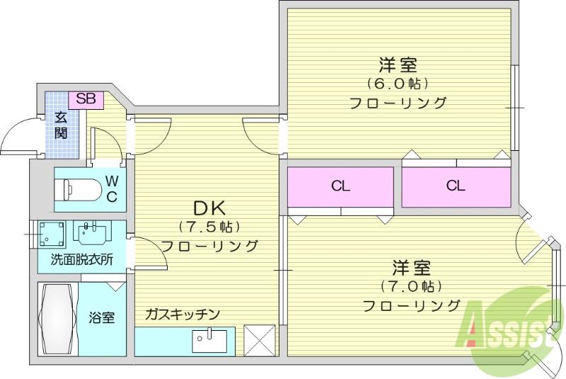 ファーテェイルアース2B(2DK/1階)の間取り写真
