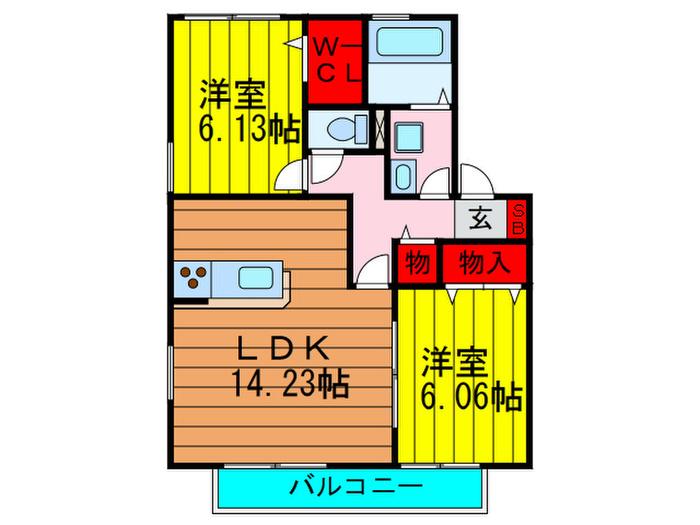 ルミエール東中振C棟(2LDK/2階)の間取り写真
