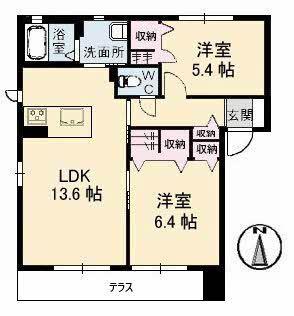 サンク・リオンC棟(2LDK/1階)の間取り写真