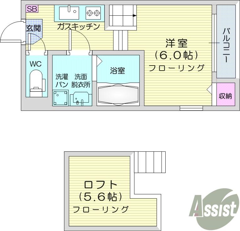 ハーモニーテラス山手町5(1K/2階)の間取り写真
