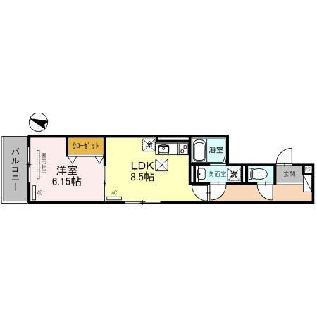 DーROOM旗塚通(1LDK/1階)の間取り写真