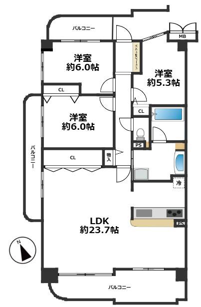 須磨妙法寺アーバンコンフォート(3LDK/1階)の間取り写真