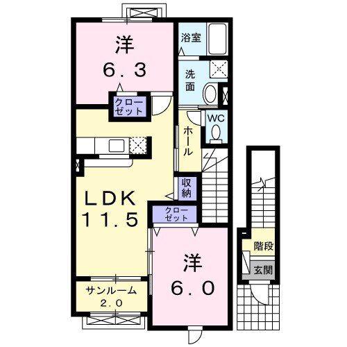 ヴィラージュSUZUA(2LDK/2階)の間取り写真