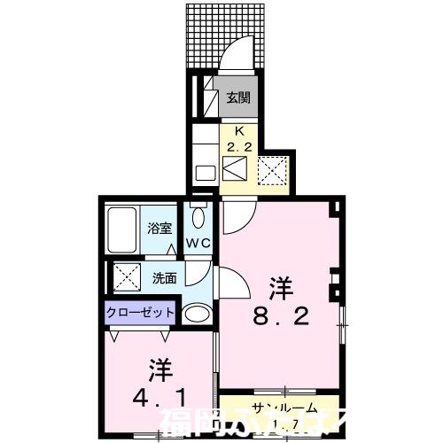 ベルフラワー大野城II(2K/1階)の間取り写真