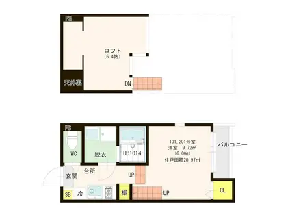 ハーモニーテラス竹下(1K/2階)の間取り写真