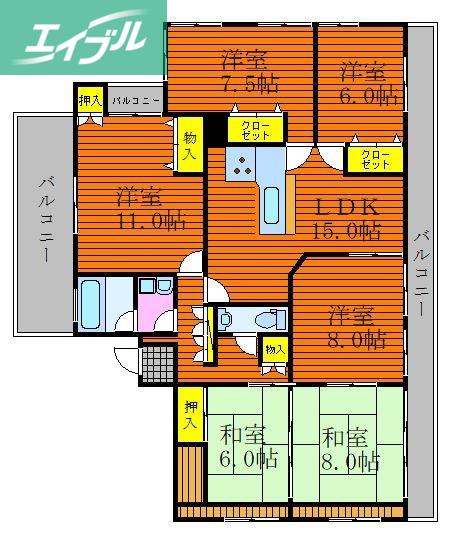 セゾンHOUKAN(6LDK/4階)の間取り写真