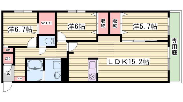オカバ姫路岡町シャーメゾン B(3LDK/1階)の間取り写真