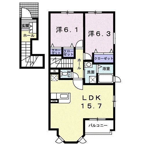 シュール・ドゥ(2LDK/2階)の間取り写真