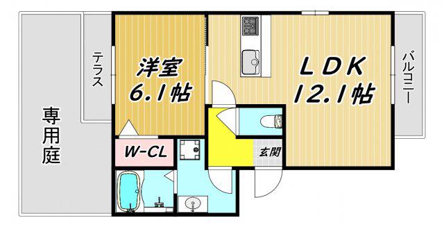 CLOCHETTE立花立花(1LDK/1階)の間取り写真