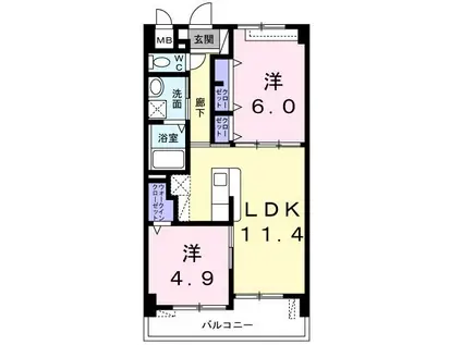 アビタシオンURUMA(2LDK/4階)の間取り写真