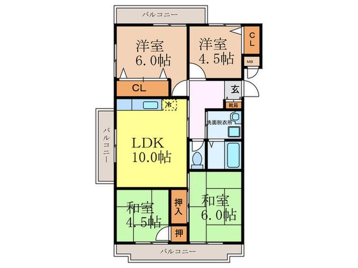 尾勝山ハイツ(4LDK/3階)の間取り写真