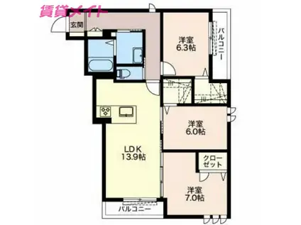 AZUL富田駅前(3LDK/2階)の間取り写真