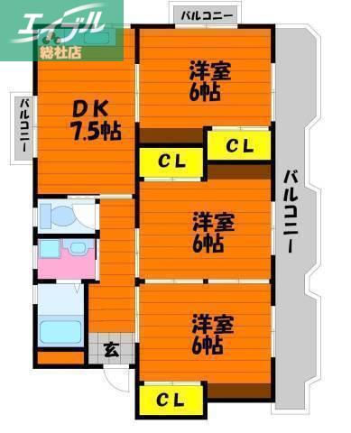 フラット西中新田(3DK/3階)の間取り写真