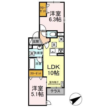 ディー ブレス宿河原(2LDK/1階)の間取り写真