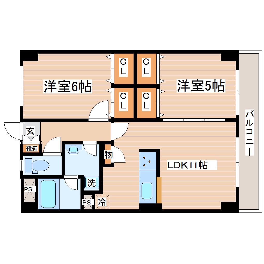 ＪＲ東北本線 名取駅 徒歩2分 5階建 築24年(2LDK/2階)の間取り写真