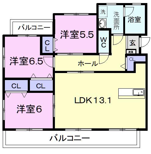 アンシュール(3LDK/2階)の間取り写真