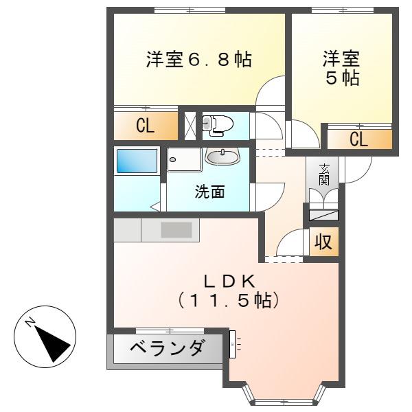 アシューレB(2LDK/1階)の間取り写真