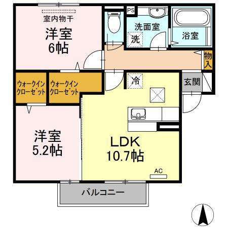フェリーチェB棟(2LDK/1階)の間取り写真