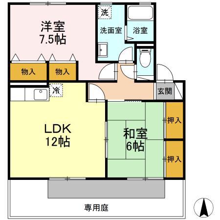 ハイカムール津福(2LDK/1階)の間取り写真