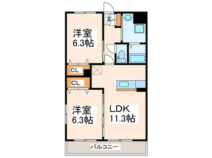 カーサ・サリーレ(2LDK/4階)の間取り写真