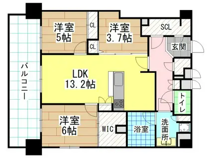 サンレリウス小倉駅南(3LDK/13階)の間取り写真