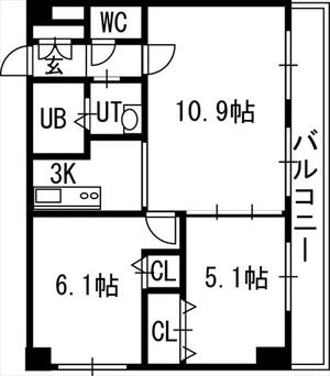 グランカーサ南11条(2LDK/3階)の間取り写真