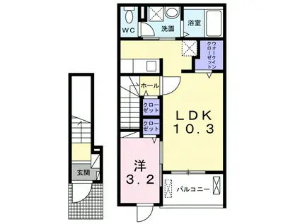 ゼファー 1LDKW(1LDK/2階)の間取り写真