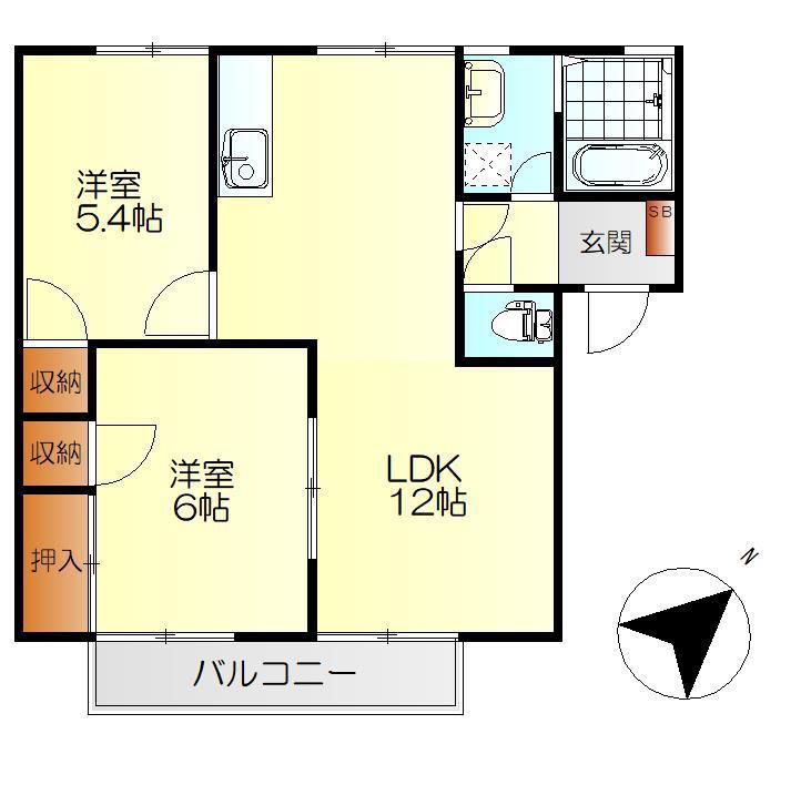 ハイツ向鶴B棟(2LDK/1階)の間取り写真