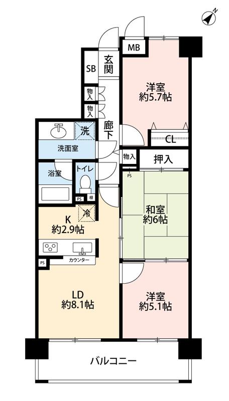 千葉港マンション(3LDK/2階)の間取り写真