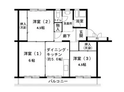 ビレッジハウス志染15号棟(3K/4階)の間取り写真