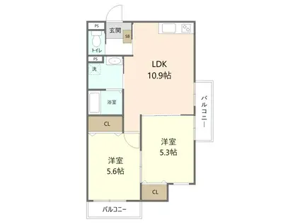 クラシャス川宮(2LDK/1階)の間取り写真