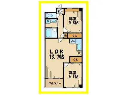 リトリート(2LDK/6階)の間取り写真