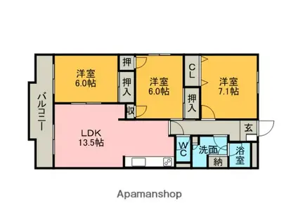コンフォート若草(3LDK/3階)の間取り写真