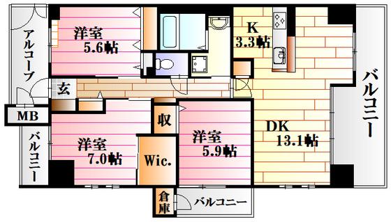 スカイアヴェニュー(3LDK/9階)の間取り写真
