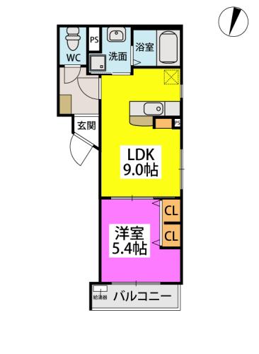 CALM周船寺(1LDK/4階)の間取り写真