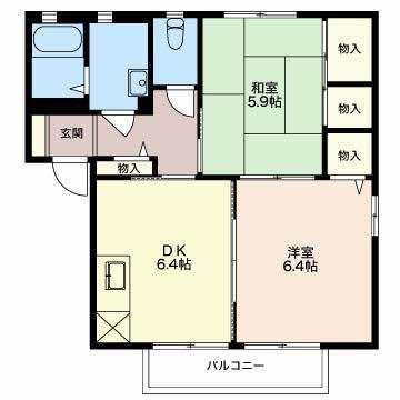ヴィラージュII(2DK/1階)の間取り写真