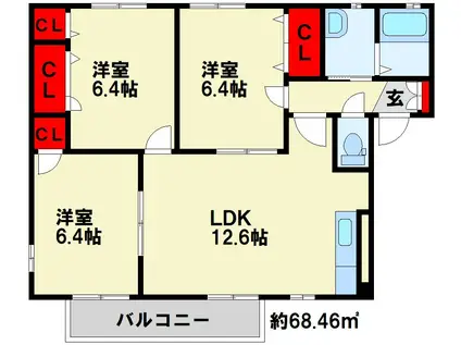 オー・ボアパティールII A棟 (3LDK/1階)の間取り写真
