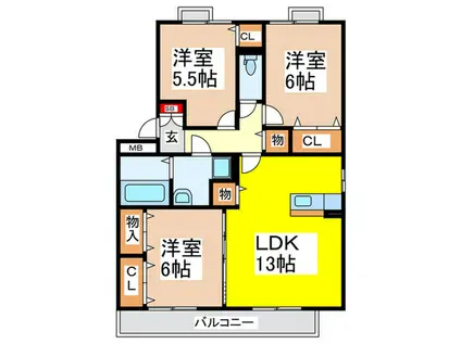 アピテ高安(3LDK/3階)の間取り写真