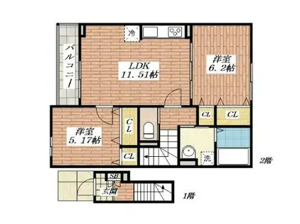 メゾン ド シュシュI・II(2LDK/2階)の間取り写真