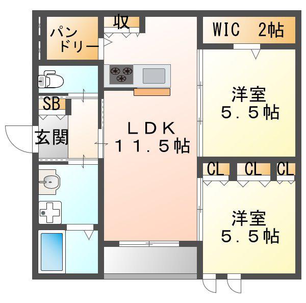 ROBUSTO 東園田(2LDK/3階)の間取り写真