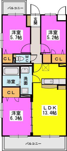 ブランドール日蒔野(3LDK/2階)の間取り写真