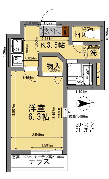 フラッツ・コーシン(1K/2階)の間取り写真