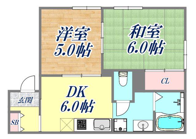 スカイハイツ(2DK/1階)の間取り写真
