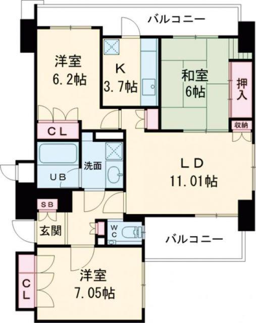ビバシティ浜の町アトリウム(3LDK/5階)の間取り写真