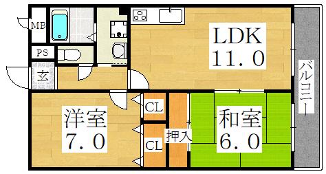 ファミーユ西田辺(2LDK/3階)の間取り写真