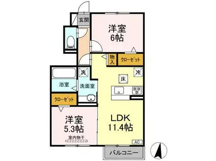 D-ROOM FOURTH B棟(2LDK/1階)の間取り写真