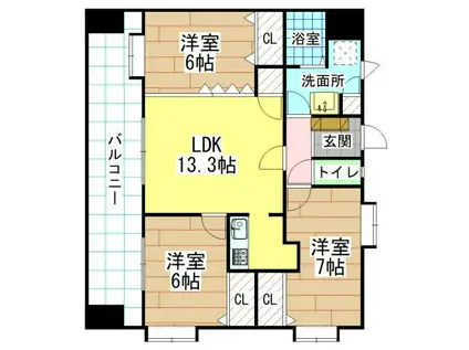 ニューリバー九工大駅前(3LDK/3階)の間取り写真